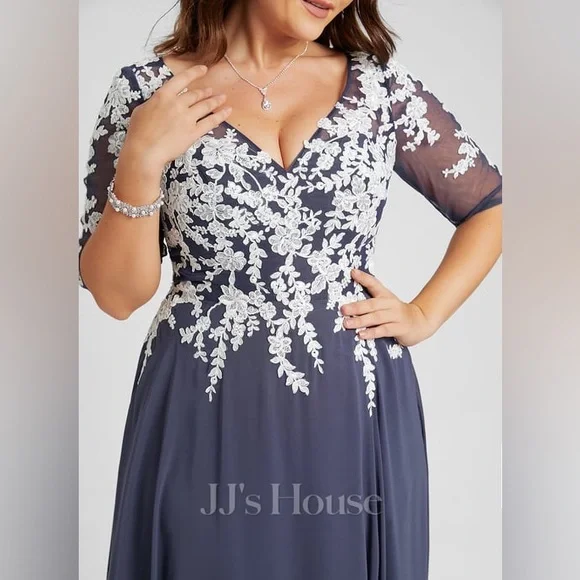 JJs House A-line V-Neck Floor-Length Lace Chiffon Evening Dress